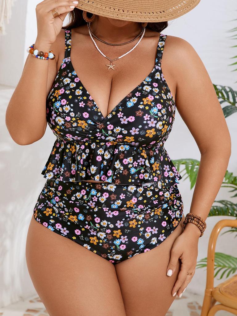 2026 European & American Plus Size Floral Print Tummy Control Slimming Swimsuit for Women