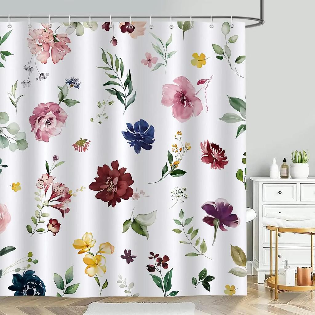 Purple Floral Shower Curtain Watercolor Flower Leaves Wildflower Polyester Fabric Washable Shower Curtains Bathroom Decoration