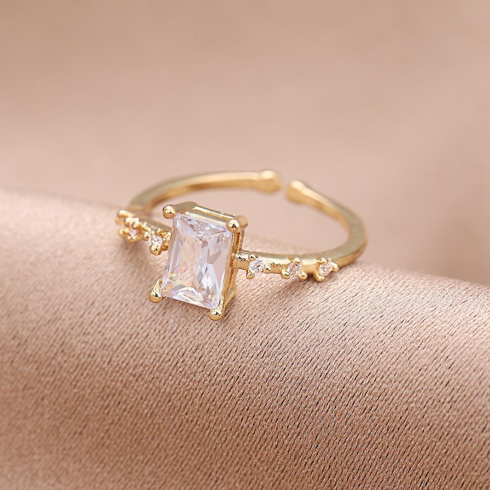 Big Rectangle Zirconia Charm Cuff Rings For Women Gold Sliver Color Copper Adjustable Finger Accessory