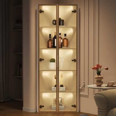 Szklana witryna LED 62 x 35 x 160 cm – Biała, zintegrowany pasek świetlny, pyłoszczelna, hartowane szkło, narożna – regał, szafka na wino