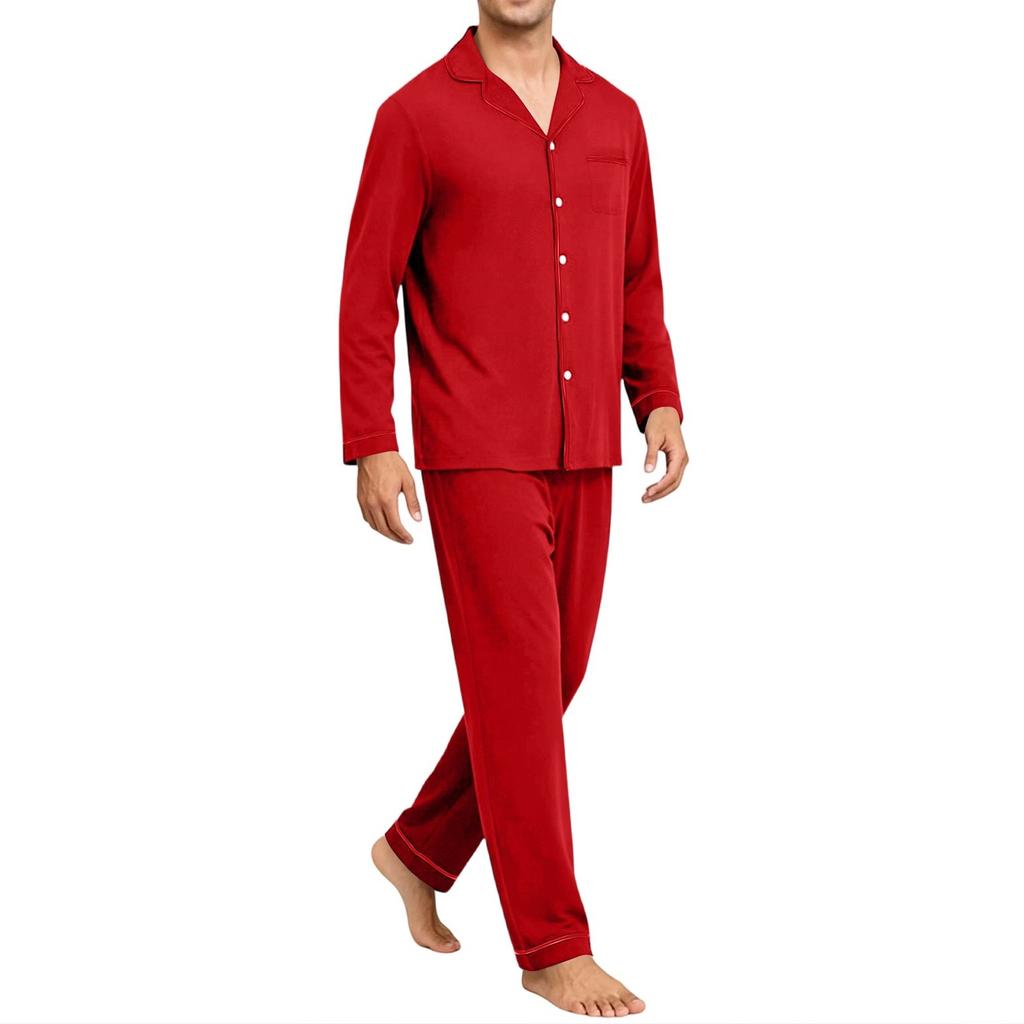Men's Comfortable Button-Down Pajama Set Long Sleeve Loungewear for Sleep and Home