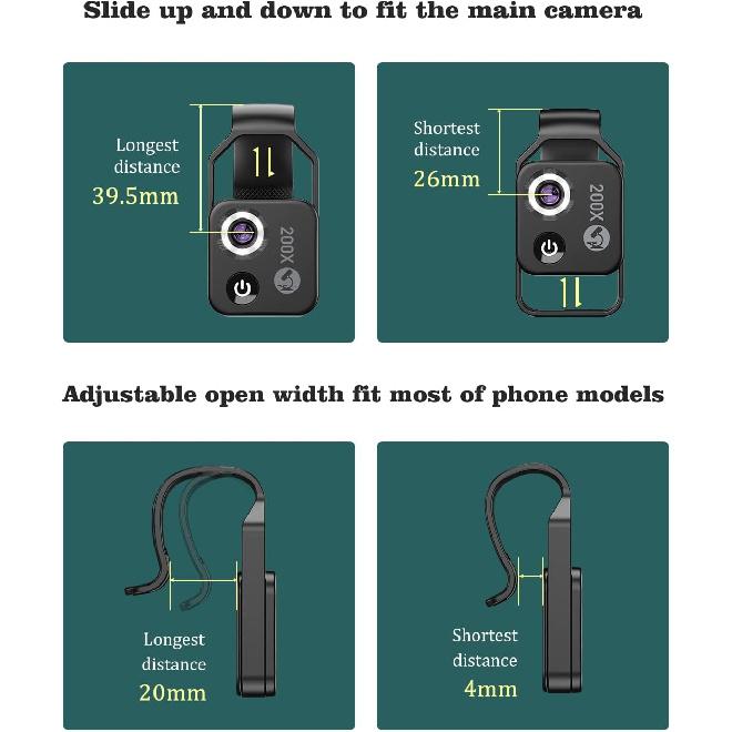 Phone Microscope with CPL Lens/LED Light, Nano Zoom 200X Pocket Microscope Camera Attachment with Universal Clip for Most iPhone/Andriod Phone - The