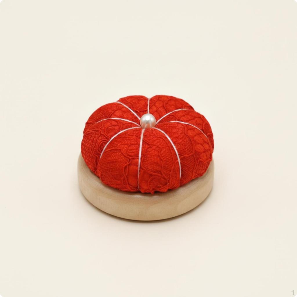 Pumpkin Pincushion Handmade Wooden Base Pin Cushion Pearl Accent Lace Textile Holder for