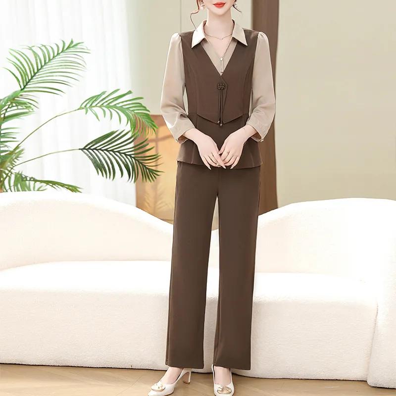 Frühlingsanzug für Mütter im chinesischen Stil, Göttin mittleren Alters, Frühlings- und Herbstmode, Revers, langärmelige Hosen, zweiteiliger Anzug