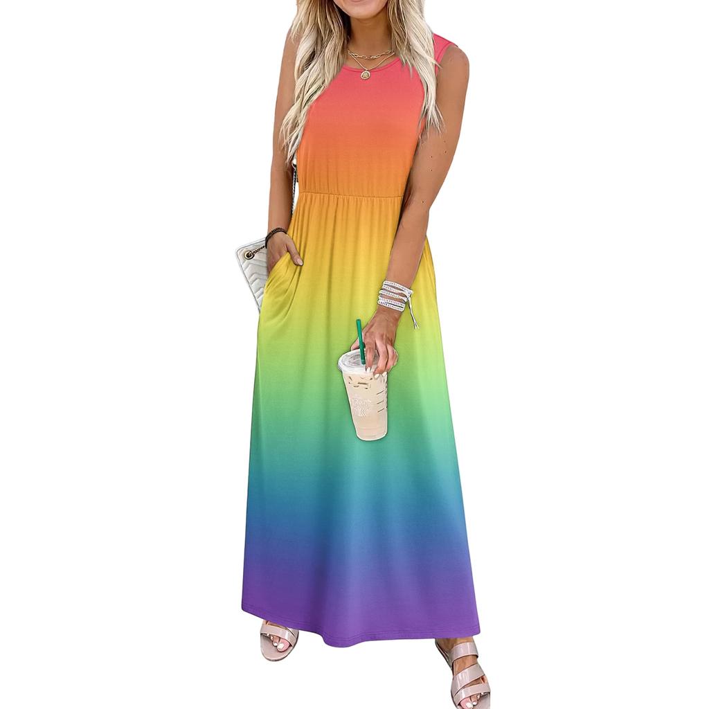 Ladies' Gradient Printed Casual and Fashionable Waist Cinched Sleeveless Dress