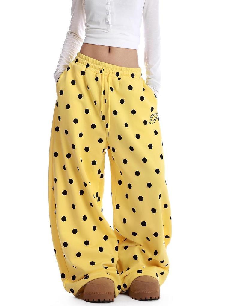 Unisex Yellow Polka Dot Wide-Leg Sweatpants - American Style, Spring/Summer Casual Jazzwear.
