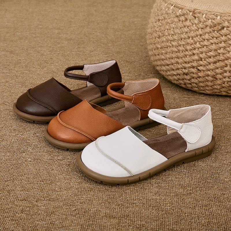 Retro Classic Round Head Brown Leather Flat Comfortable Sandals 2025 Summer Trend New Ladies Casual Outdoor Daily Women's Shoes