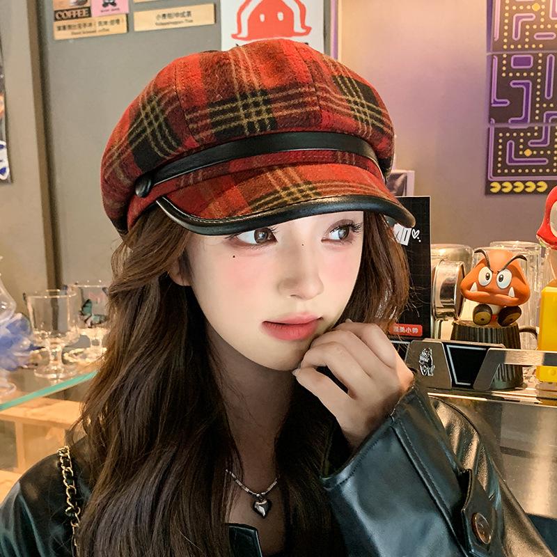 Hat Female Autumn and Winter Versatile Wool Duck Tongue Beret Show Face Small Warm Octagonal Hat Big Head Newsboy Hat