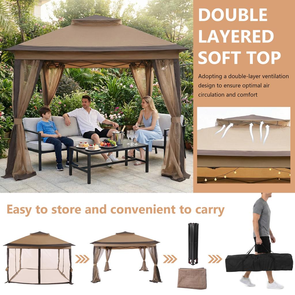 10x10ft Double Roof Canopy Tent with Metal Frame & Stakes & Mosquito Nets with Privacy Screen for Decks & Backyards Patio Party