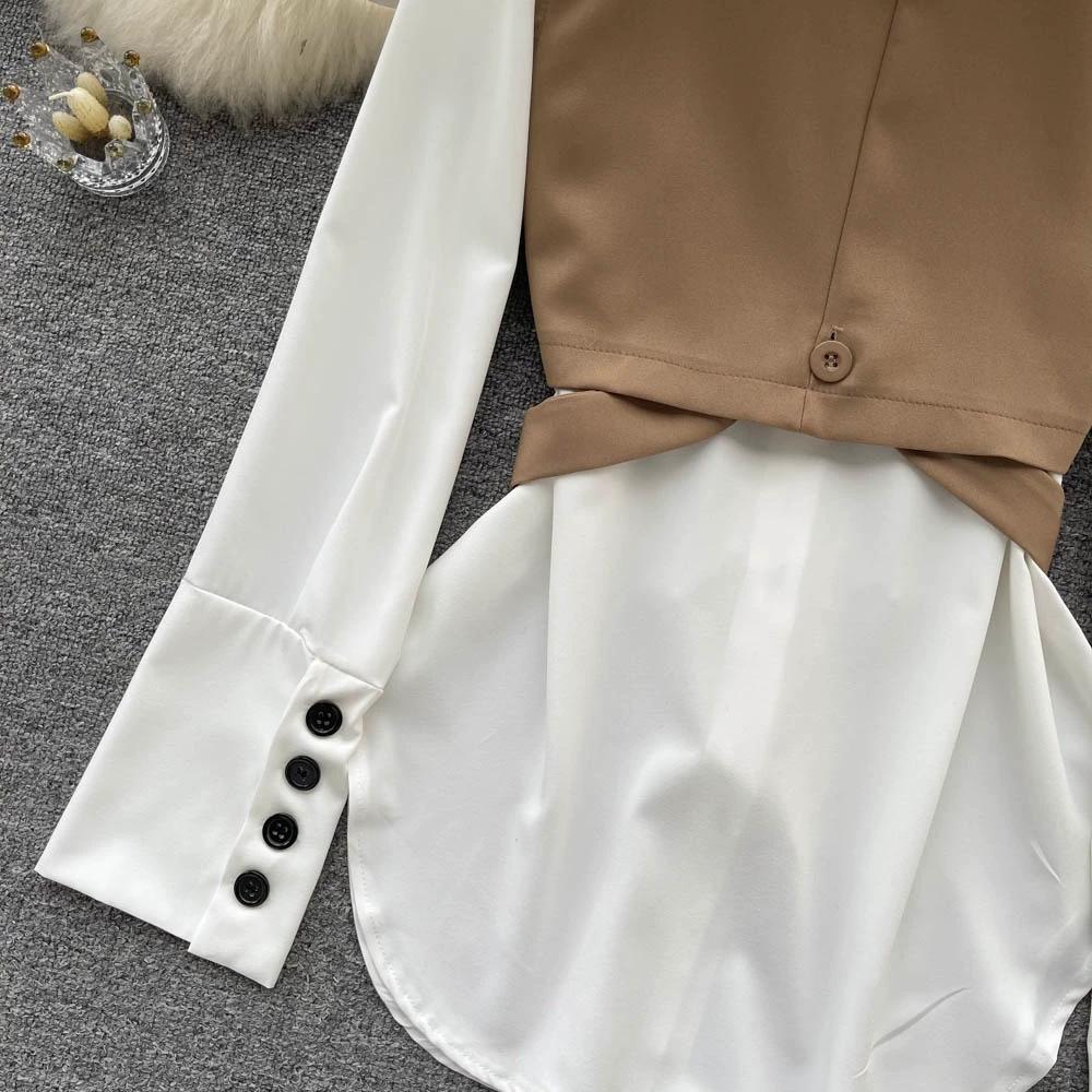 Hochwertiger zweiteiliger Anzug, Damen Herbstmode, Ausländischer Stil, Modisches Layering, Kurzes Westentop, Weißes langärmeliges Hemd