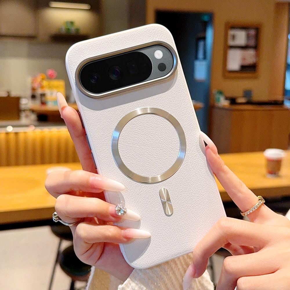 

For Magsafe Magnetic Case for Google Pixel 10 Pro XL 10A Plating PU Leather Shockproof Bumper Protection Cover For Pixel 10A білий