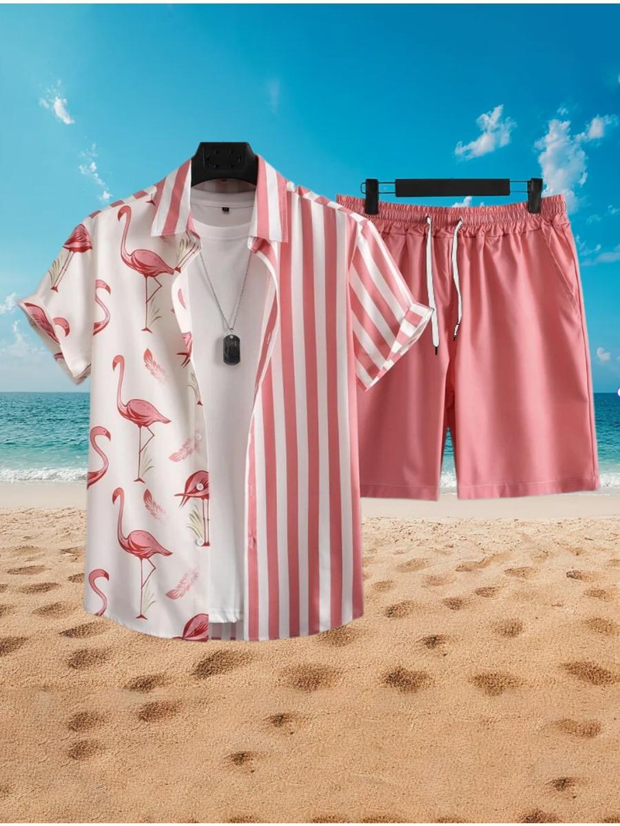 Men s Flamingo Striped Shirt 2-Piece Set Short Sleeve Shorts Lapel Tropical Fashion Hawaiian Casual Holiday Beach Set S