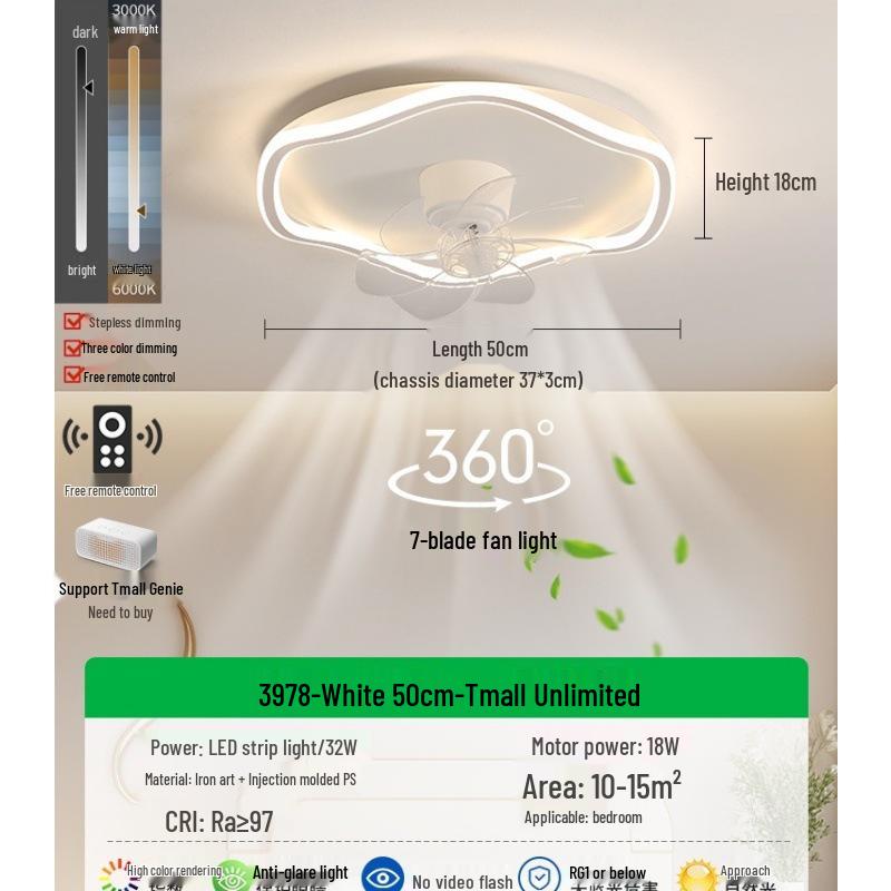 Ventilator de tavan silențios cu lumină pentru dormitor și camera copiilor, design modern minimalist, iluminare prietenoasă cu ochii și reglabilă