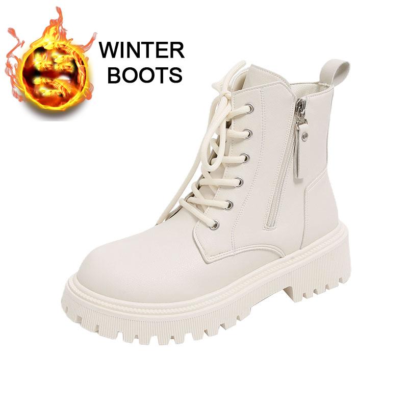 Women’s Winter Boots Casual Brown Short Motorcycle Boots Street Style Black Warm Ankle Boots with Fur Plus Size
