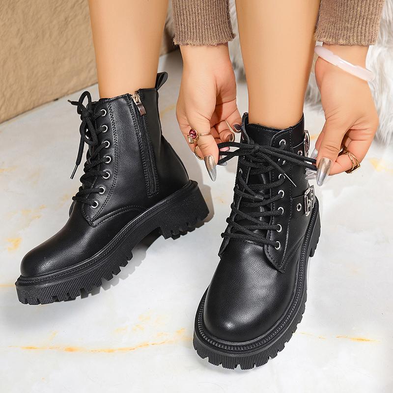 Fashion Fashion Buckle Lace Up Ankle Boots Women Autumn Winter Pu Leather Platform Boots Woman Chic Thick Sole Zipper Motorcycle Booties