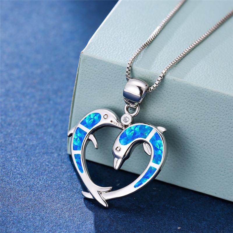 Boho Fashion Two Dolphins Heart Shaped Pendant Necklace for Women Girl Inlay Imitation Blue Opal Necklace Wedding Party Jewelry
