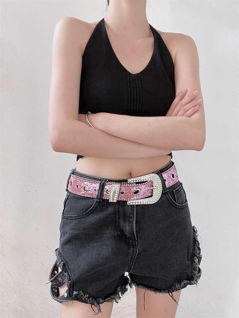 Y2K Punk Style Women's Sequin Rhinestone Leather Belt - Trendy Jean Accessory