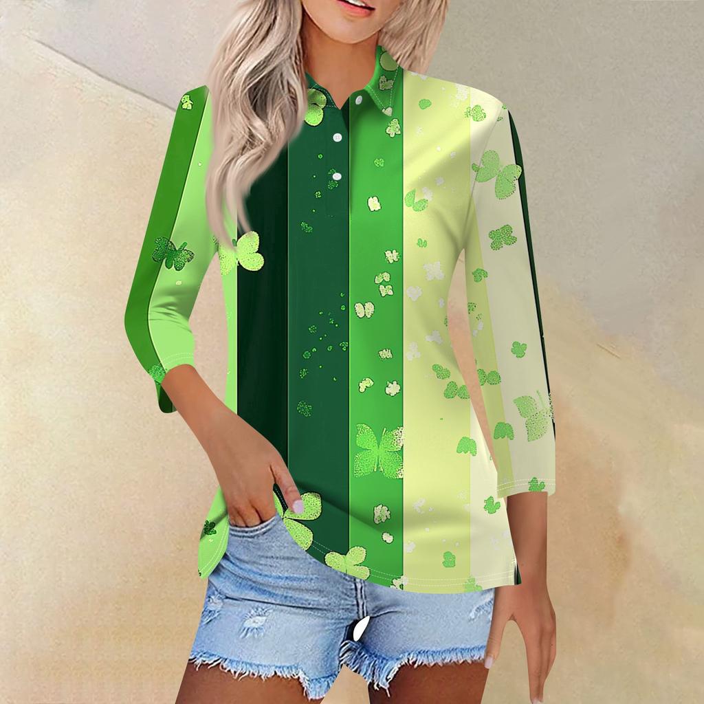 Women's Fashion Casual Lapel 3/4 Sleeve Print Shirt Women's Button Up Tops
