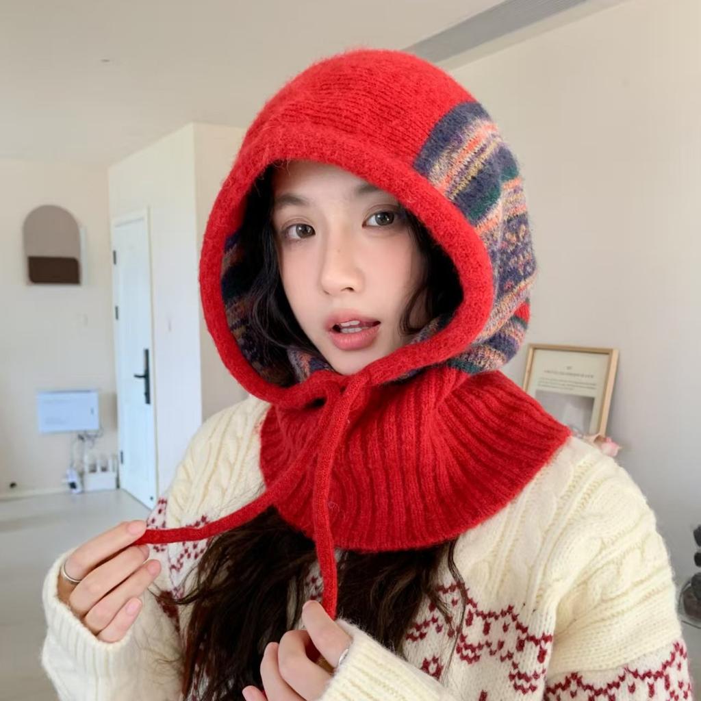 New Fair Island Style Knitted Balaclava Hat Women's Autumn and Winter Hat Scarf Integrated Ear Protection Wool Hat