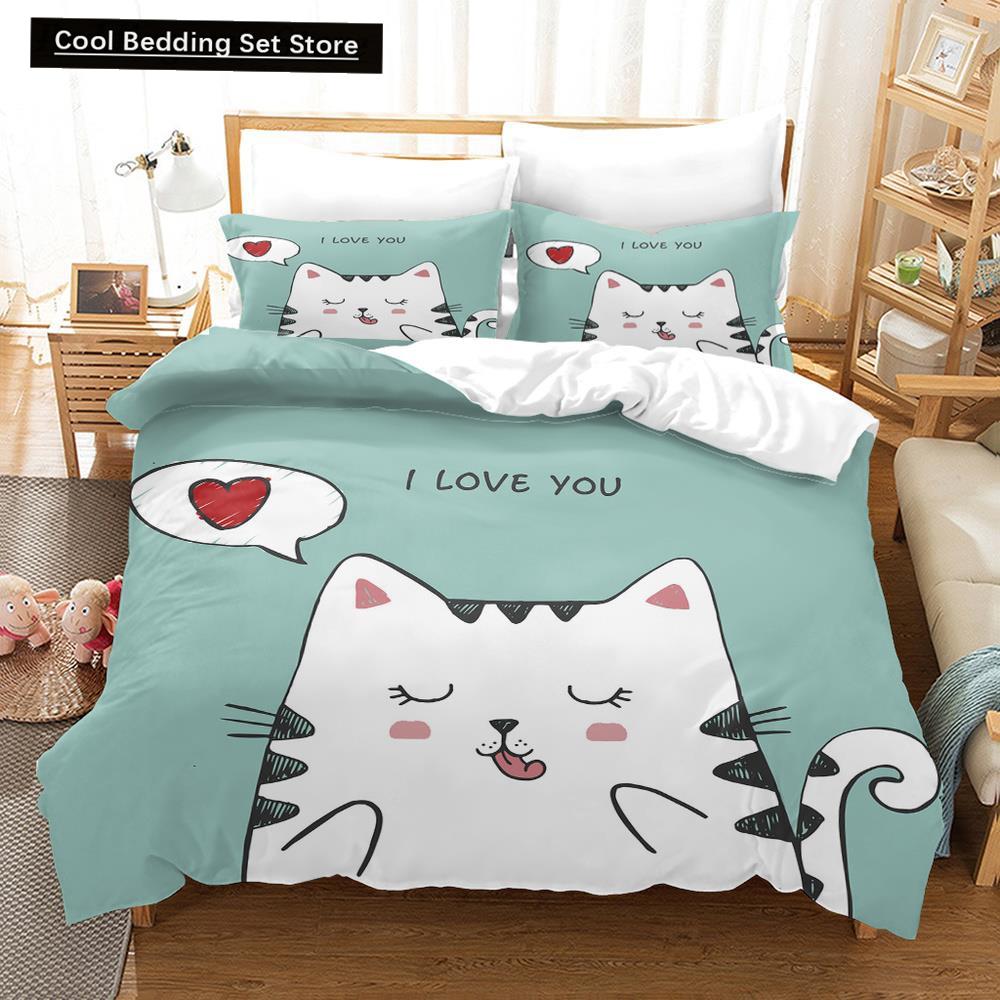 Cartoon Cat King Full Queen Duvet Cover Lovely Pet Kitty Bedding Set Animal Quilt Cover 2/3pcs Purple Polyester Comforter Cover