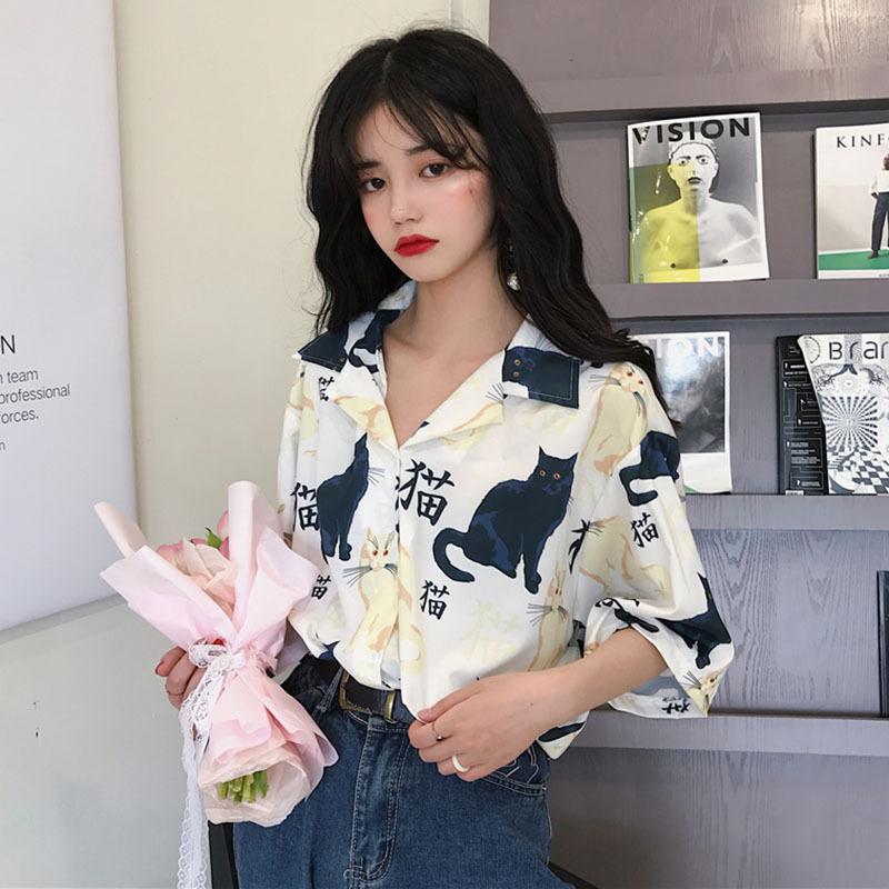 

Летняя женская мода кардиган с принтом кошки, свободный повседневный топ с коротким рукавом M