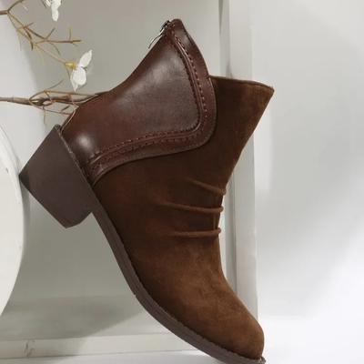 Botines de Moda para Mujer Zapatos Vintage para Dama Botas Cortas de Invierno de Ante de Vaca Cremalleras Traseras Zapatos de Tacón Bajo Botas Marrones Plisadas 2024