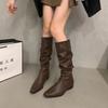 Thick heel pleated long tube knight boots women's shoes 2025 new spring and autumn western thin medium tube long boots
