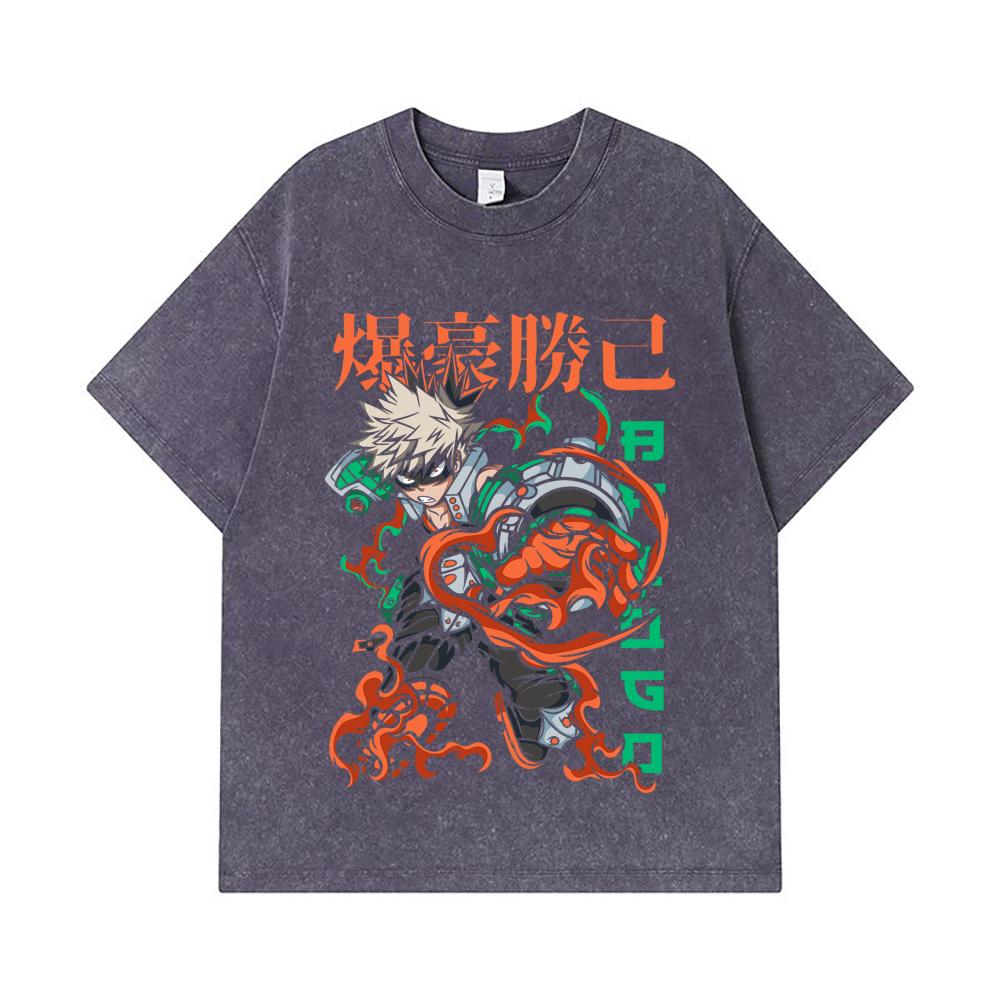 275 GSM Washed T-shirts 100% Cotton My Hero Academia V14 Bakugo Print Unisex Heavy Cotton T Shirt