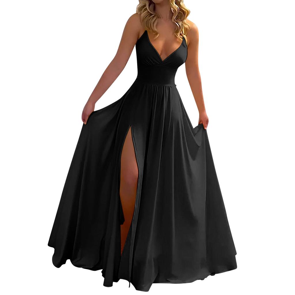 Women's Solid Color Suspender V-neck Backless  Slit Long Dress