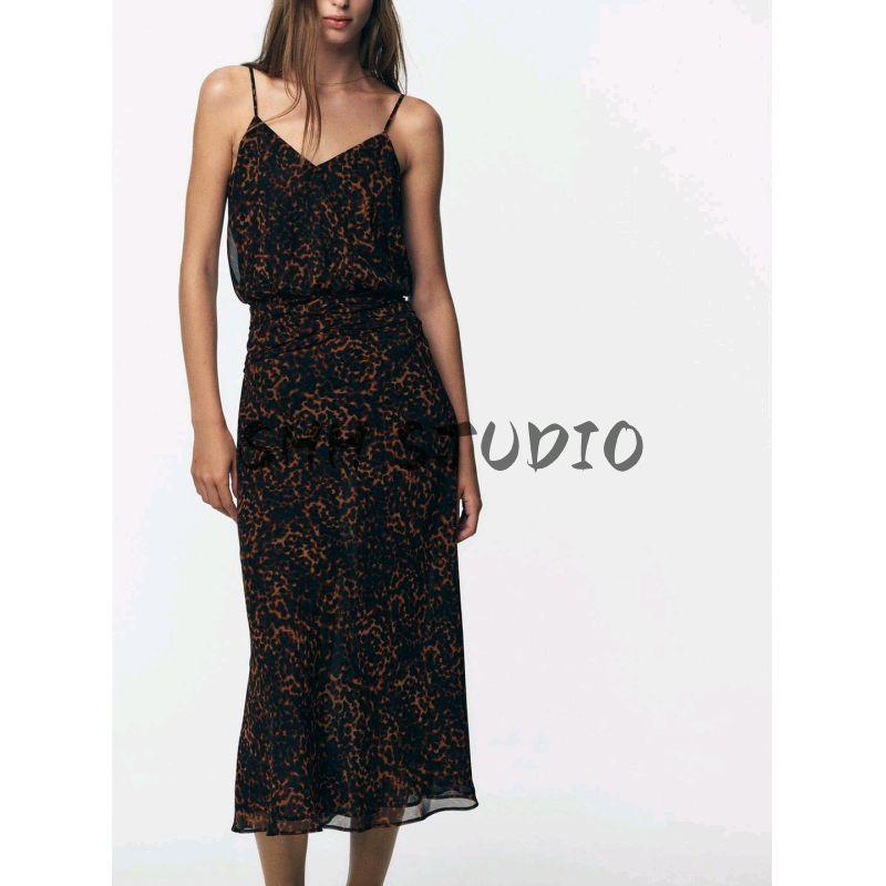 Fall New Women's Clothing French Style Ruched Decoration V Neck Sleeveless Animal Pattern Print Midi Skirt Dress 8790139
