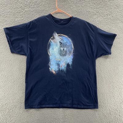 VINTAGE Wolf T Shirt Men 2XL Blue Wolf Pack Wolves Tribal Graphic Causal 90s