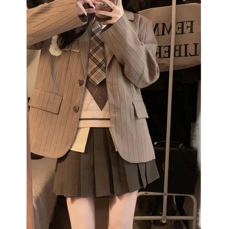 Koreanischer College-Stil Retro Chic Pulloverweste & Plissee-Rock Set für Damen