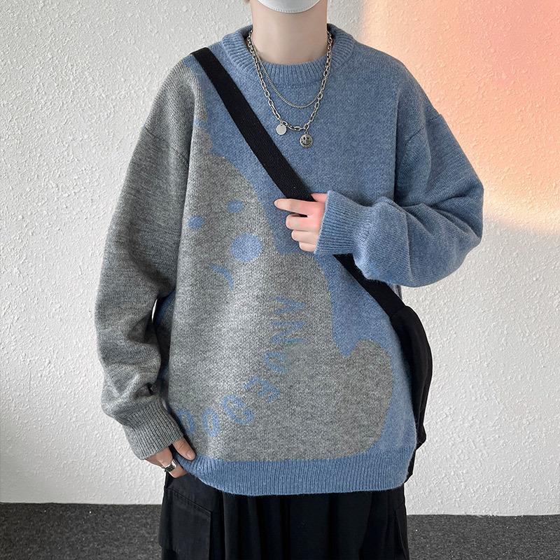 Herbst Hong Kong Stil Rundhals Strickpullover Herren Koreanische Version von Ins Lockerer Strickpullover Alleskombinierbar Lässig
