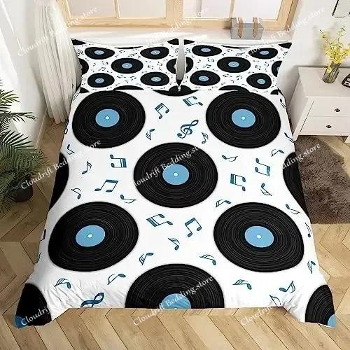 Musical Bedding Set Queen Size Music Theme Bedding Duvet Cover Set for Boys Decor Disc Comforter Cover Set Record Quilt Cover
