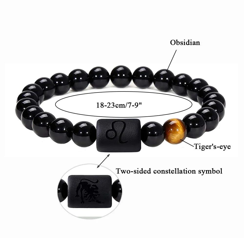 Sternzeichen Armband für Männer 8mm Naturstein Schwarzer Onyx Tigerauge Stein Sternzeichen Konstellation Freundschaft Gebet Segnung Armband Geschenke