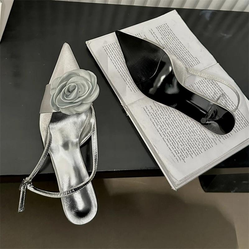 Fashion Thin High Heels Buckle Strap Women Pumps Sexy Flower Pointed Toe Mules Shoes Elegant Banquet  Prom Sandals