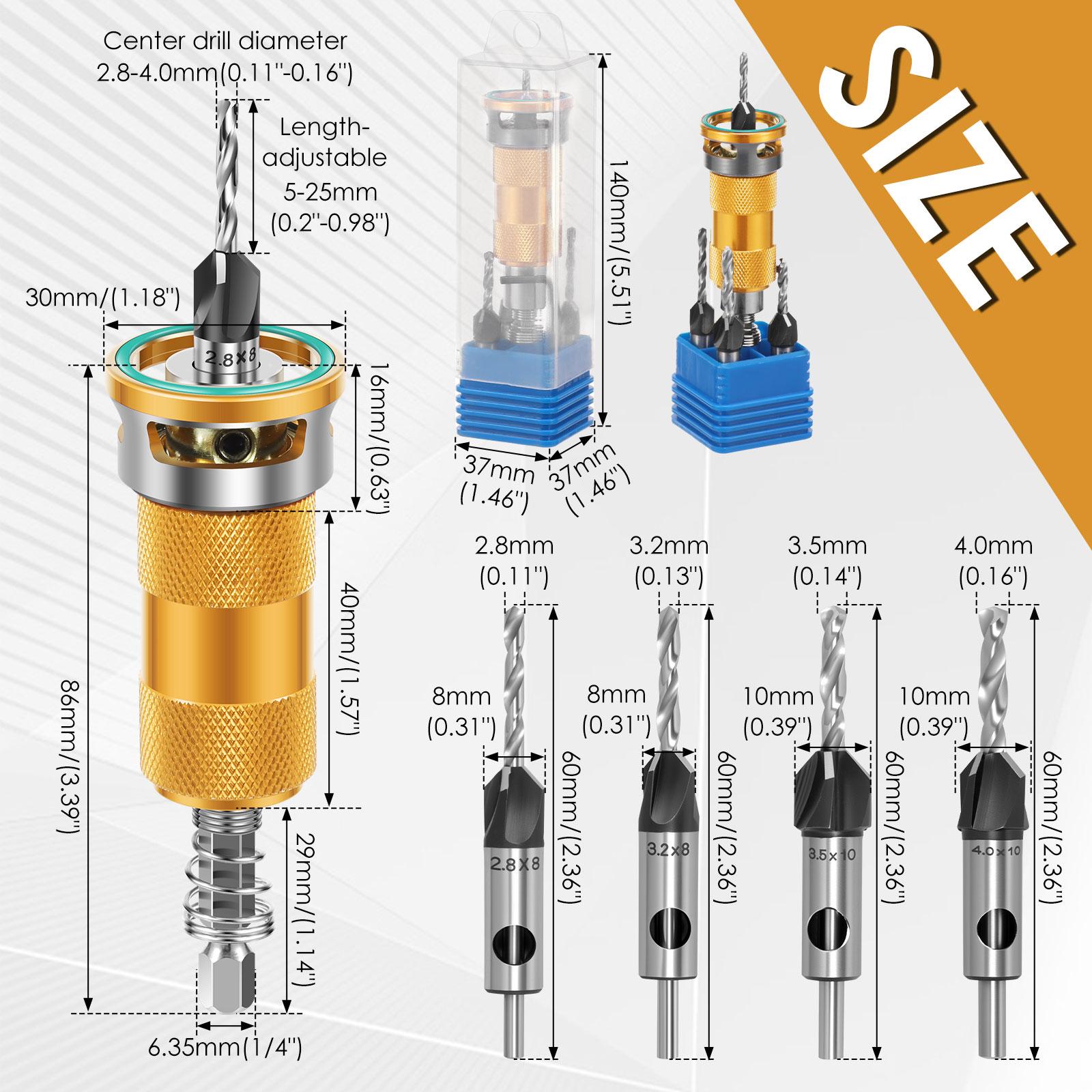 

5 шт. Деревообробний обмежувач Чотиригранна зенківка Біта Головка зі сплаву Конусний отвір Свердло Регульована глибина Ступінчасте свердло Зенківка для прихованого гвинта жовтий