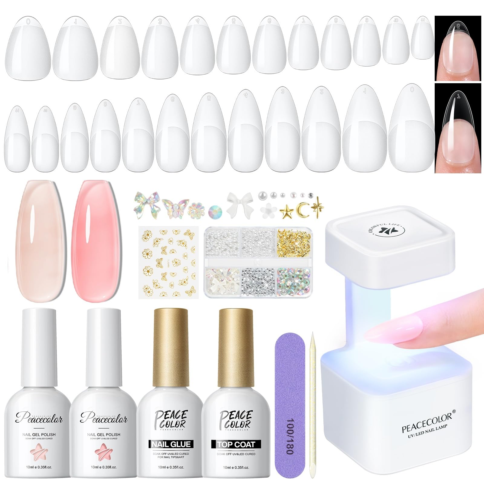 

PEACECOLOR Nail Tips Short Set Gel Nail Kit with Nail Nail Tip and Nail Perfect for DIY Nail False Nail and Great Gift (254 Pieces) UV/LED Light,
