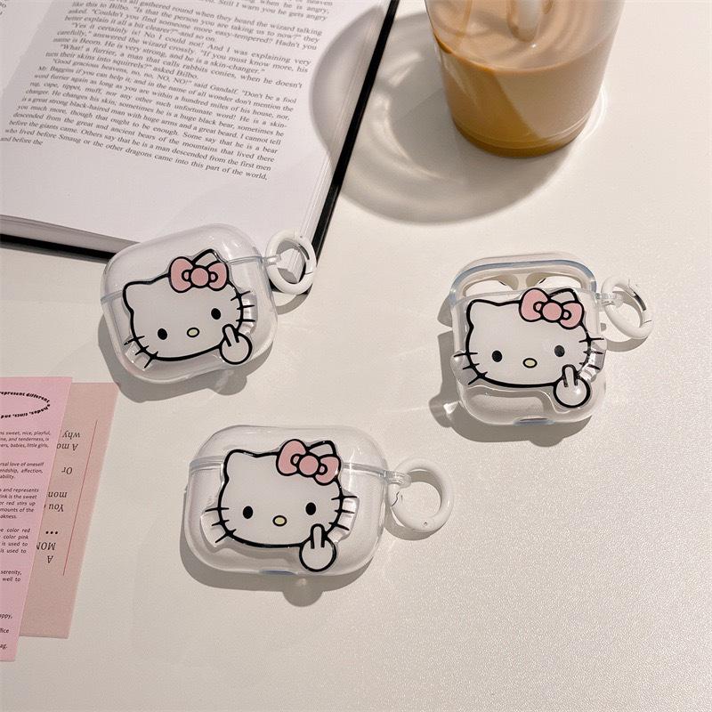 Airpods 1 /2 Generation Transparent Kt Cat Personality Middle Finger Bluetooth Headset Case Protective Cover Airpods Pro Buckle