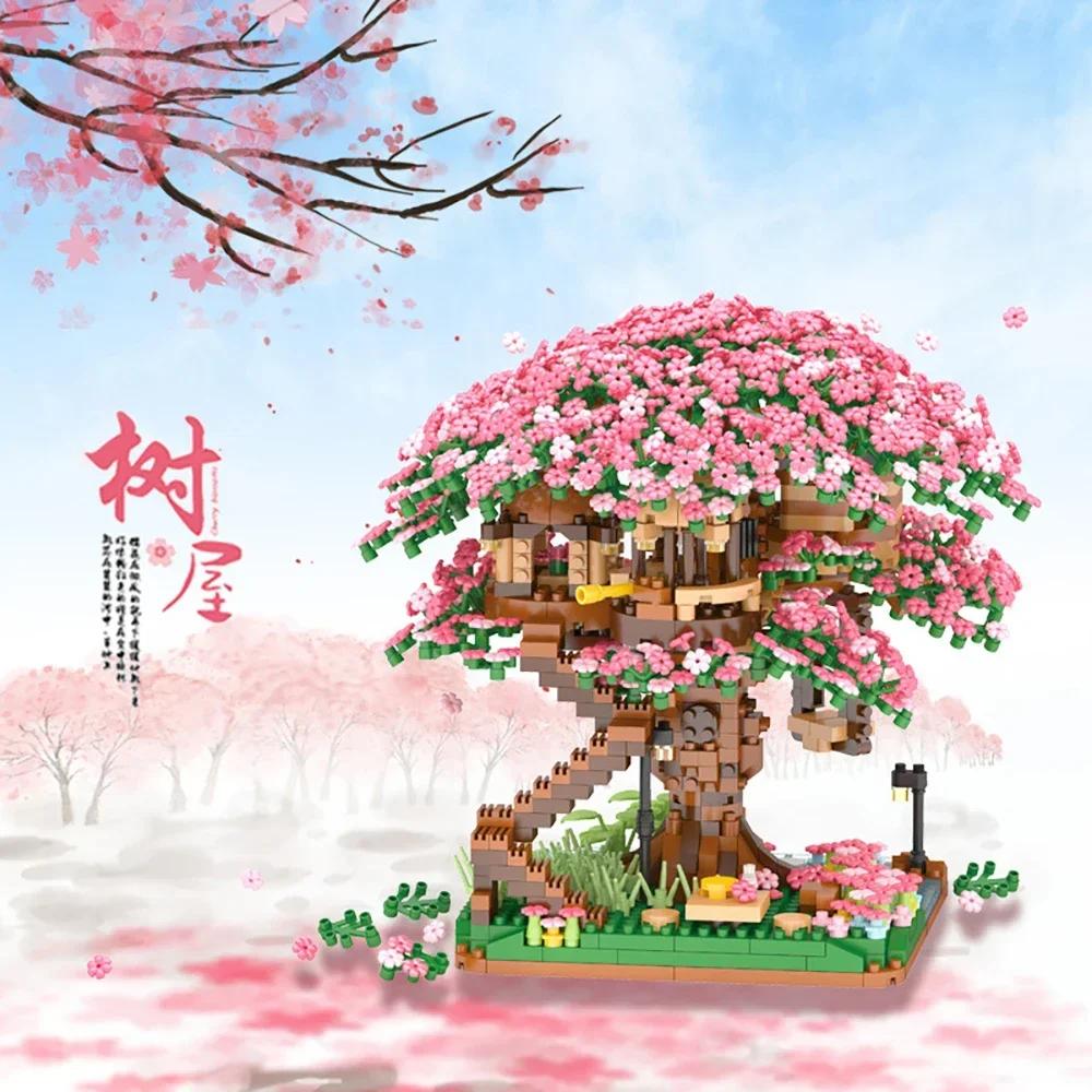 Cherry Blossom Treehouse Train Micro Mini Block Piece Series – Children's Building Blocks Toy with Springtime Sakura Park Vibes