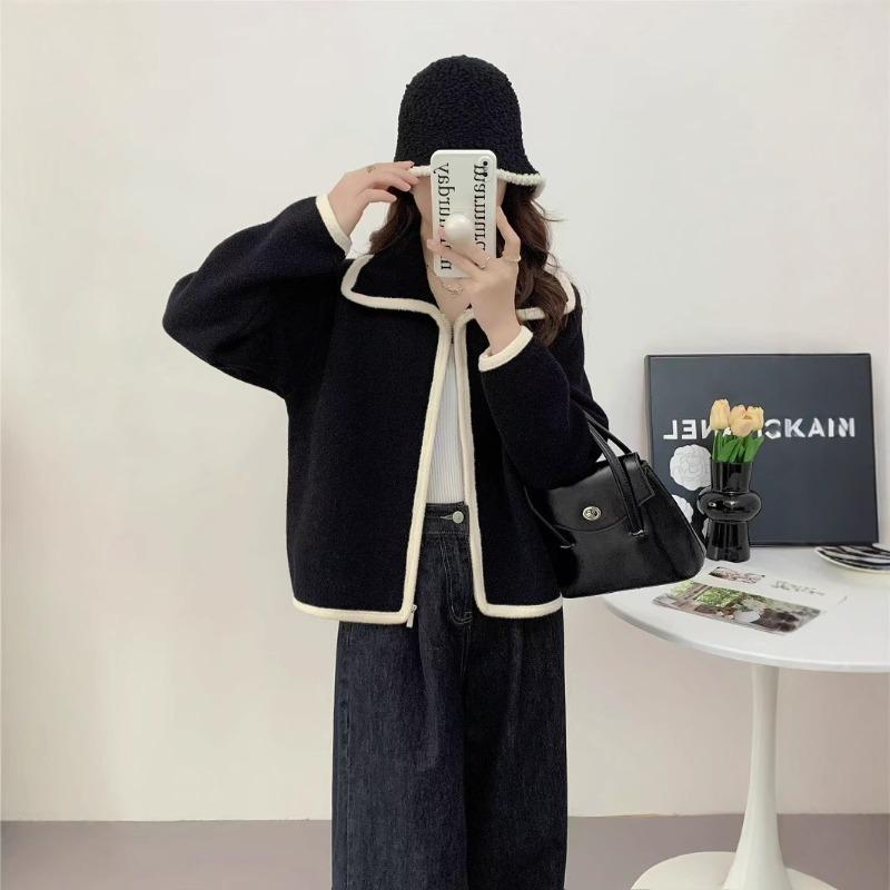 Spring New Zipper College Lapel Knitted Double-sided Woolen Cardigan Loose Soft Waxy Sweater Jacket Women