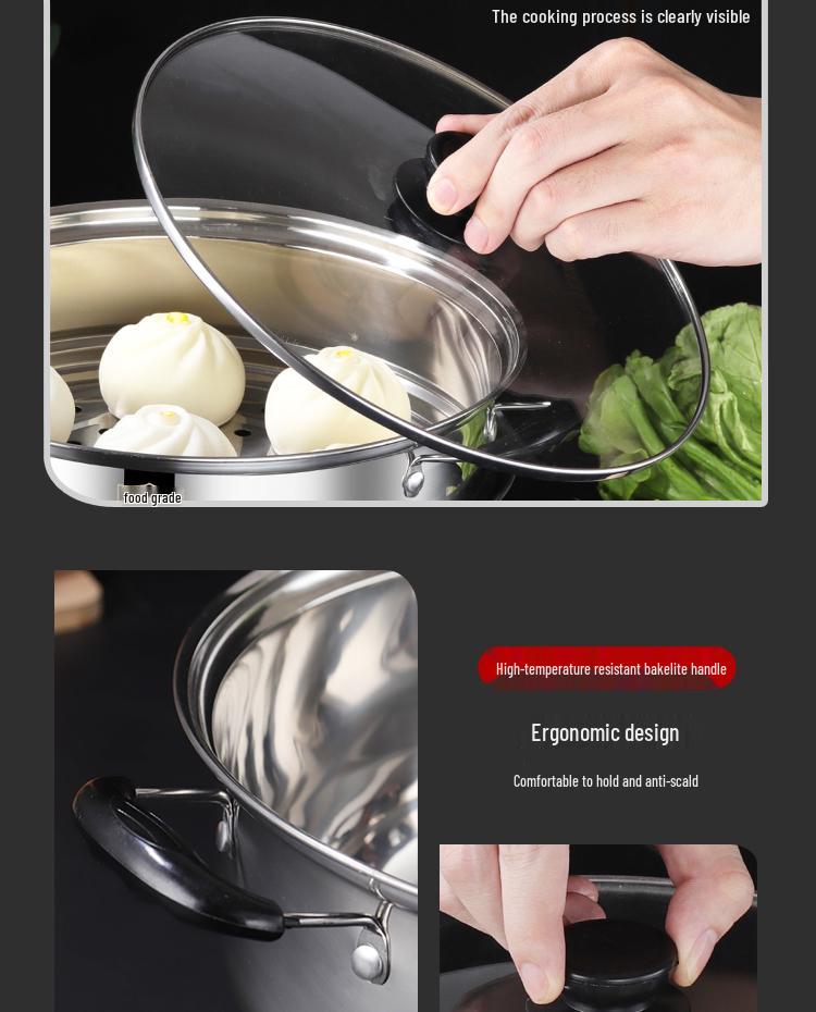 Thickened 304 Stainless Steel Soup & Milk Pot with Steamer for Induction & Gas Cookers