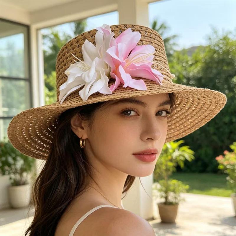 French Hollow Flower Flat Top Straw Hat Female Summer Outing Beach Vacation Wind Straw Hat Sun Protection Hat