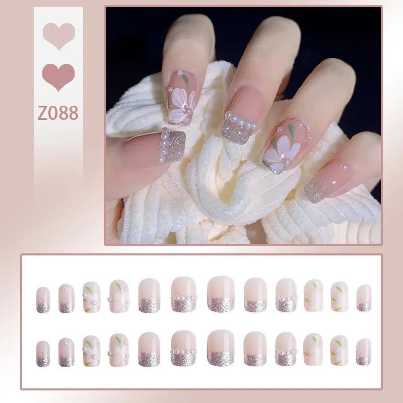 Press On Acrylic Fake Nails Set with Glue High Quality Handmade Nail Extension French Tips Woman False Short Nails Press Ons