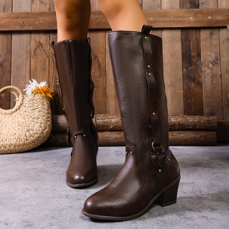 Winter 2025 Fleece Belt Buckle Rivet Mid-heel Knight Boots Plus Size Thick Heel Western Boots Women