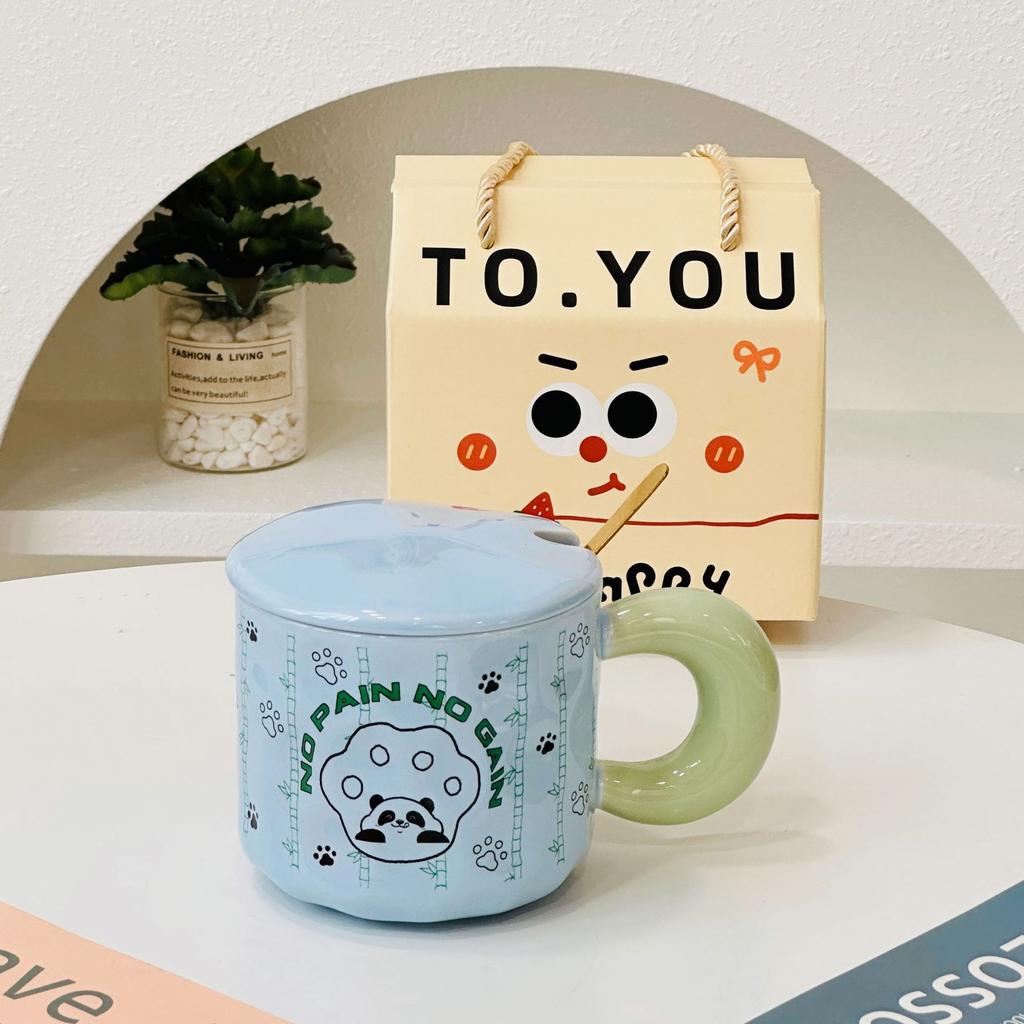Personalized Little Panda with Lid Cute Cartoon Ceramic Cup High Looking Girl Mug Small Gift Box Set Water Cup