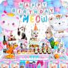 183 PCS Cat Birthday Party Decorations, Cat Themed Party Decorations Includes Balloons, Backdrop, Happy Birthday Banner, Tablecloth, Plates, Cups,