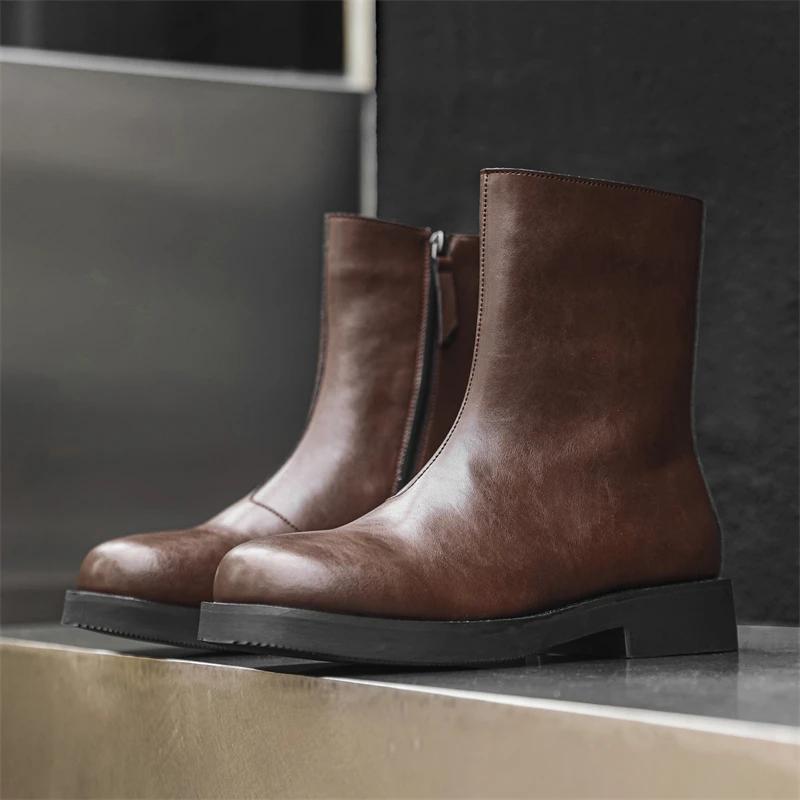 Fashion Thick Bottom Leather Men Chelsea Boots Outdoor Man Mid-Calf Boots High Top Casual Shoes Classic Spring Autumn Male Botas