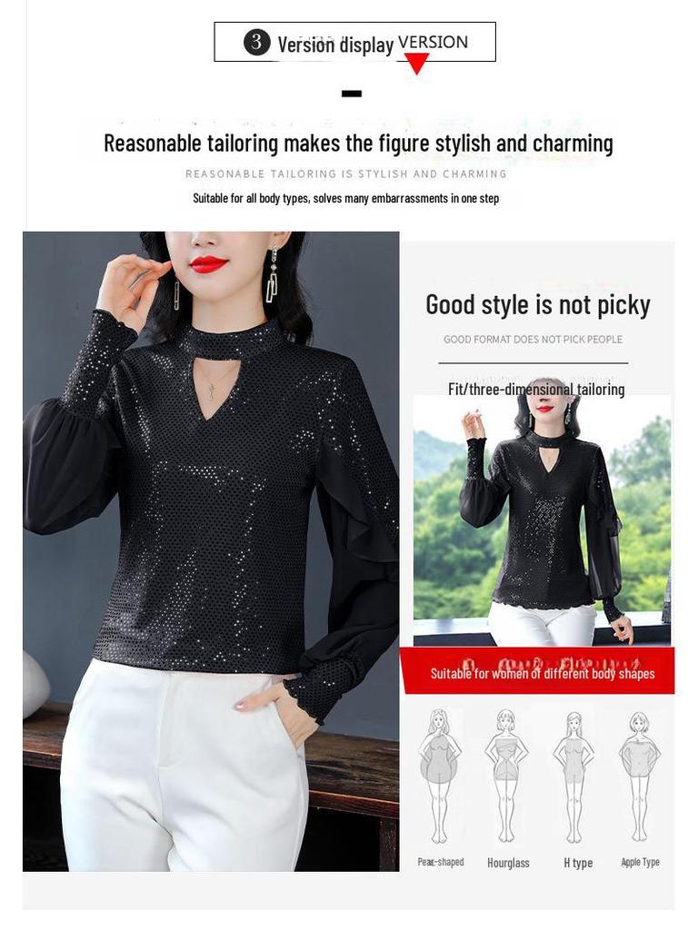 2024 Spring Sequined Slim Long-Sleeve Korean Style Top - Elegant and Versatile