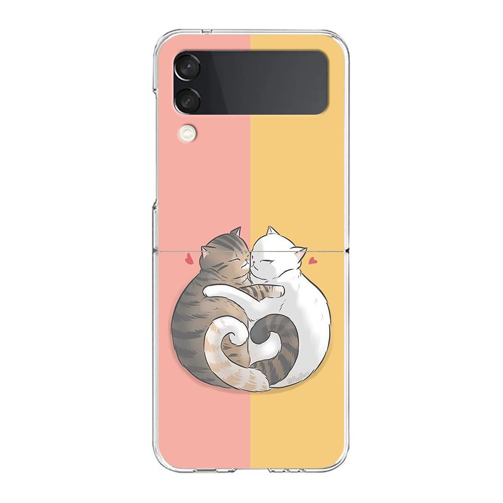 Cat Cute Kitten Cartoon For Samsung Galaxy Z Flip 3 4 5 Hard Folding Clear PC Phone Case For Samsung Z Flip3 Back Cover Bumper